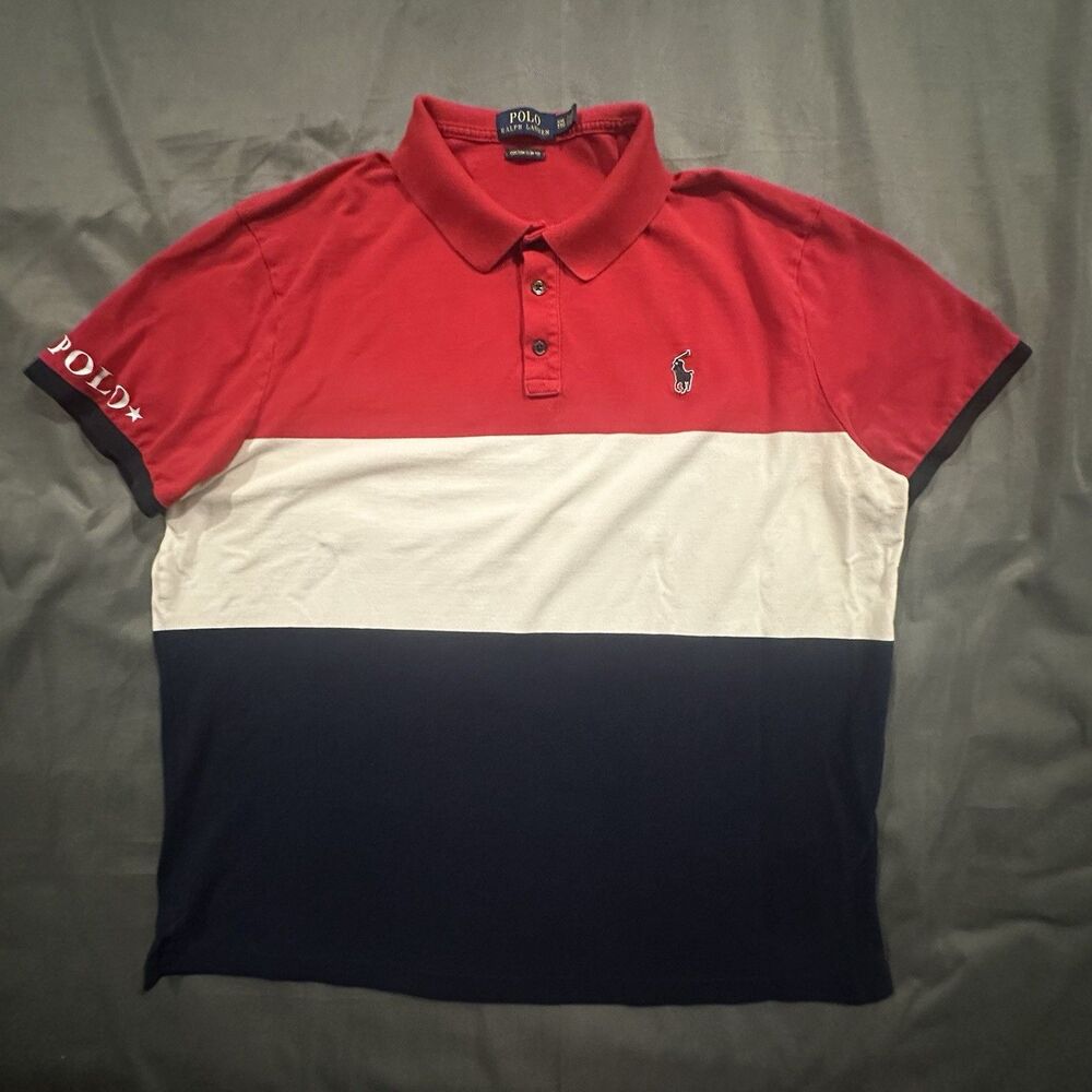 Polo Ralph Lauren Colorblock Polo Red White Blue USA Mens 2XL Slim Fit Holiday